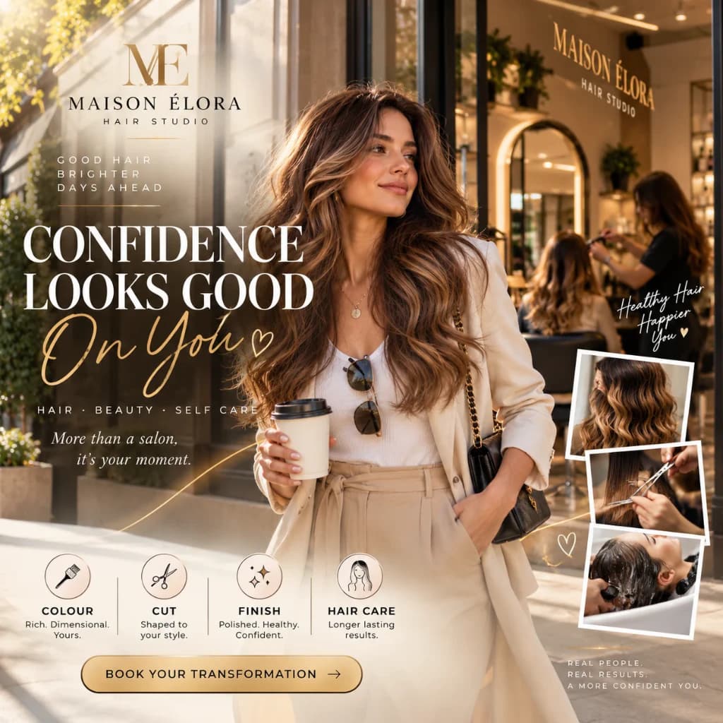 Maison Élora Hair Studio social campaign: a woman with long, glossy balayage waves walks past the salon under the headline Confidence Looks Good On You, with colour, cut, finish and hair care icons and a Book Your Transformation button