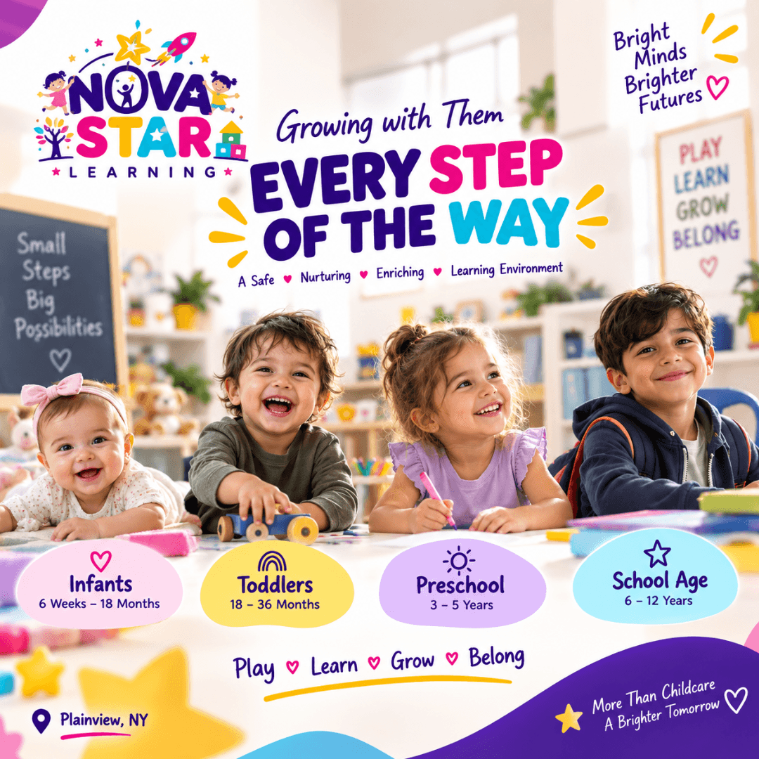 Nova Star Learning social post: smiling infants, toddlers and children at a classroom table under the headline Every Step of the Way